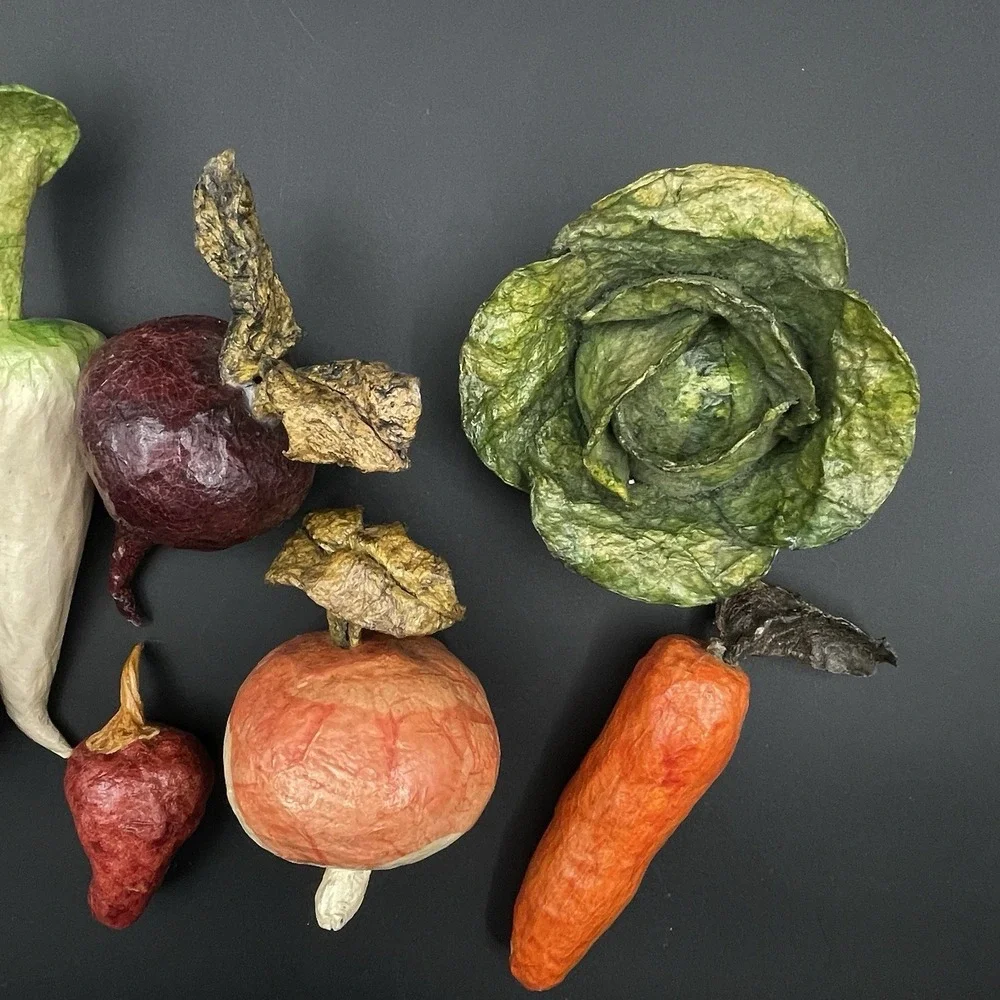 Vintage Paper Mache Vegetable Lot 7 Pc Eggplant Carrot Daikon Beet Cabbage Onion